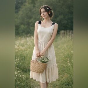 Cream Midi Dress S 100% Cotton Tie Back Sleeveless Cottagecore Clean Girl Chic